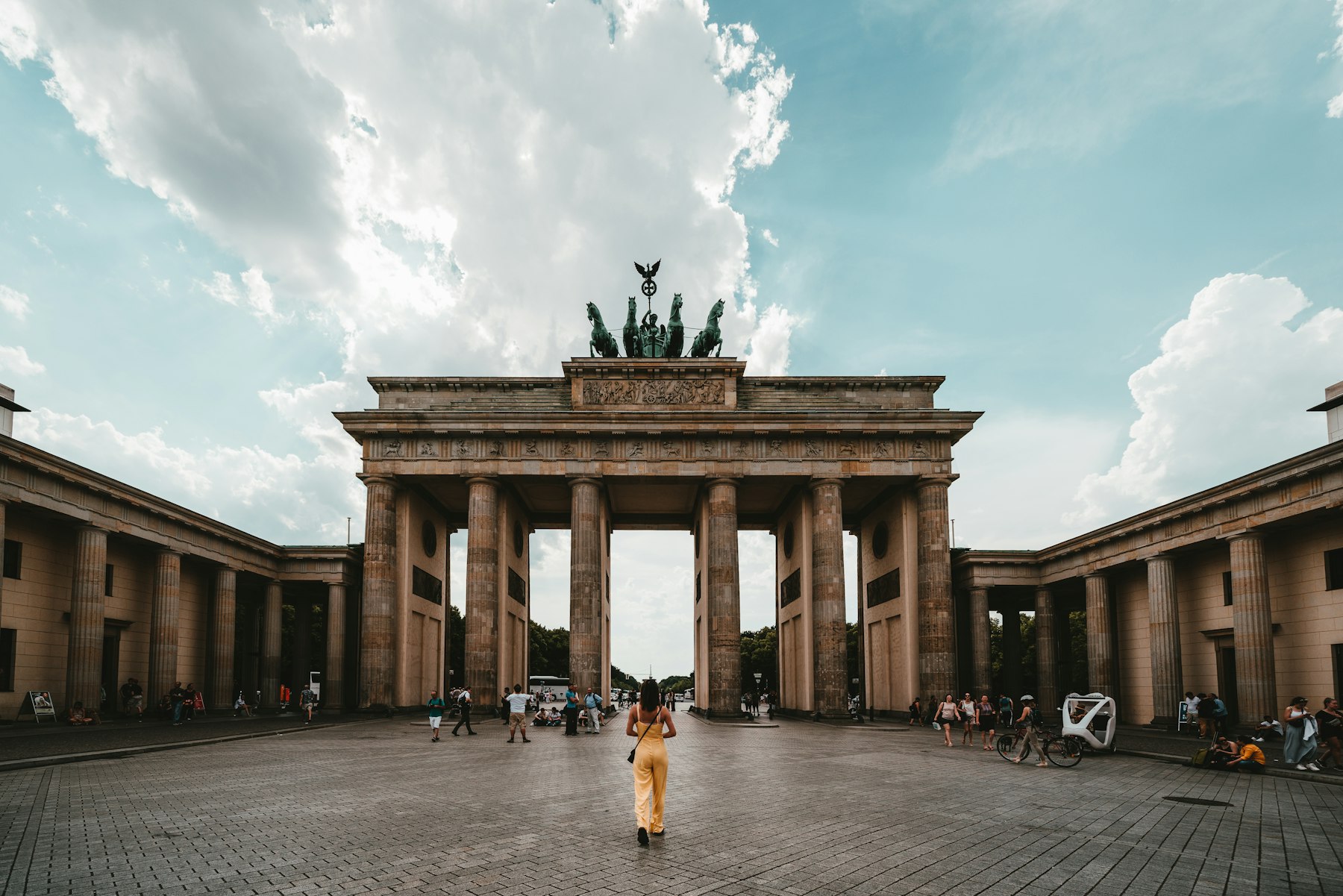 Brandenburg Gate in Berlin under a bright sky