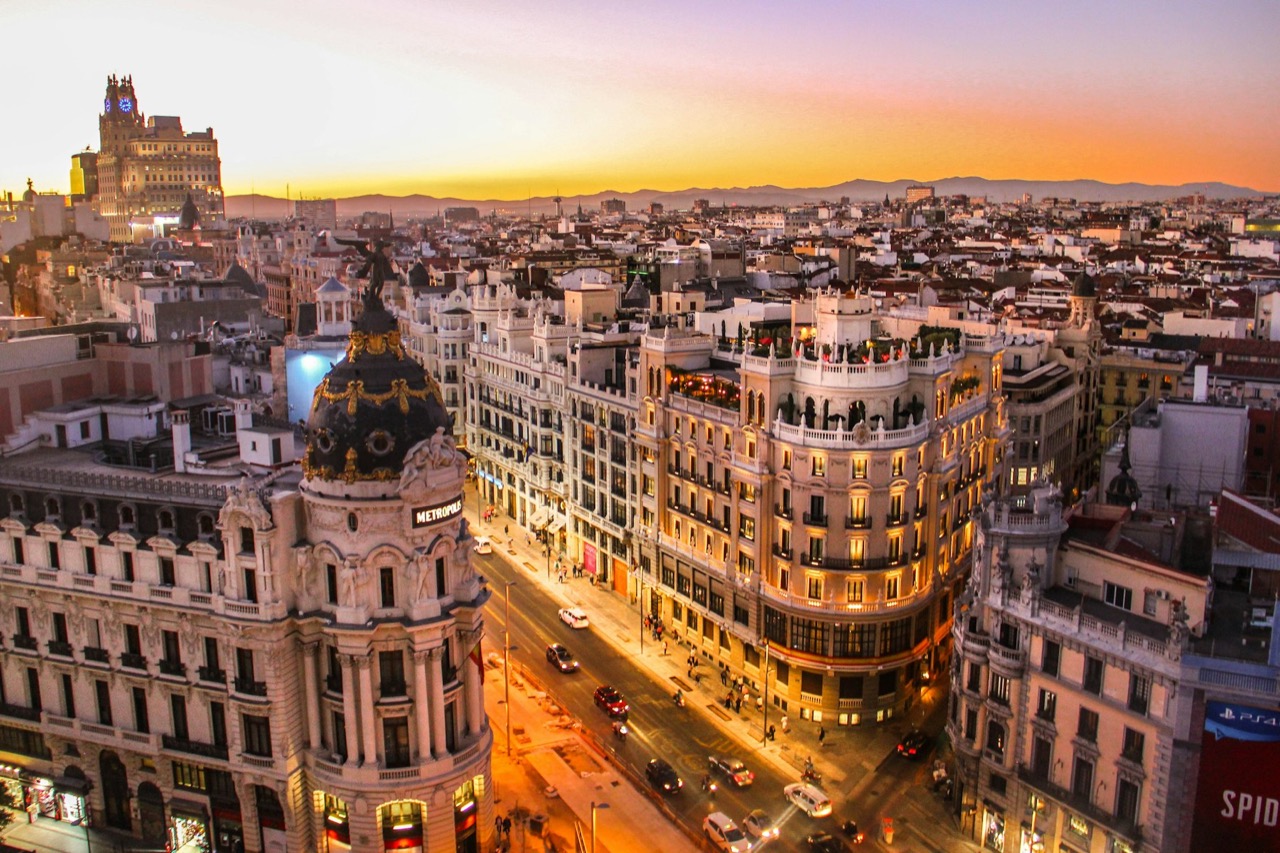 Central Madrid rooftops and Gran Vía at sunset